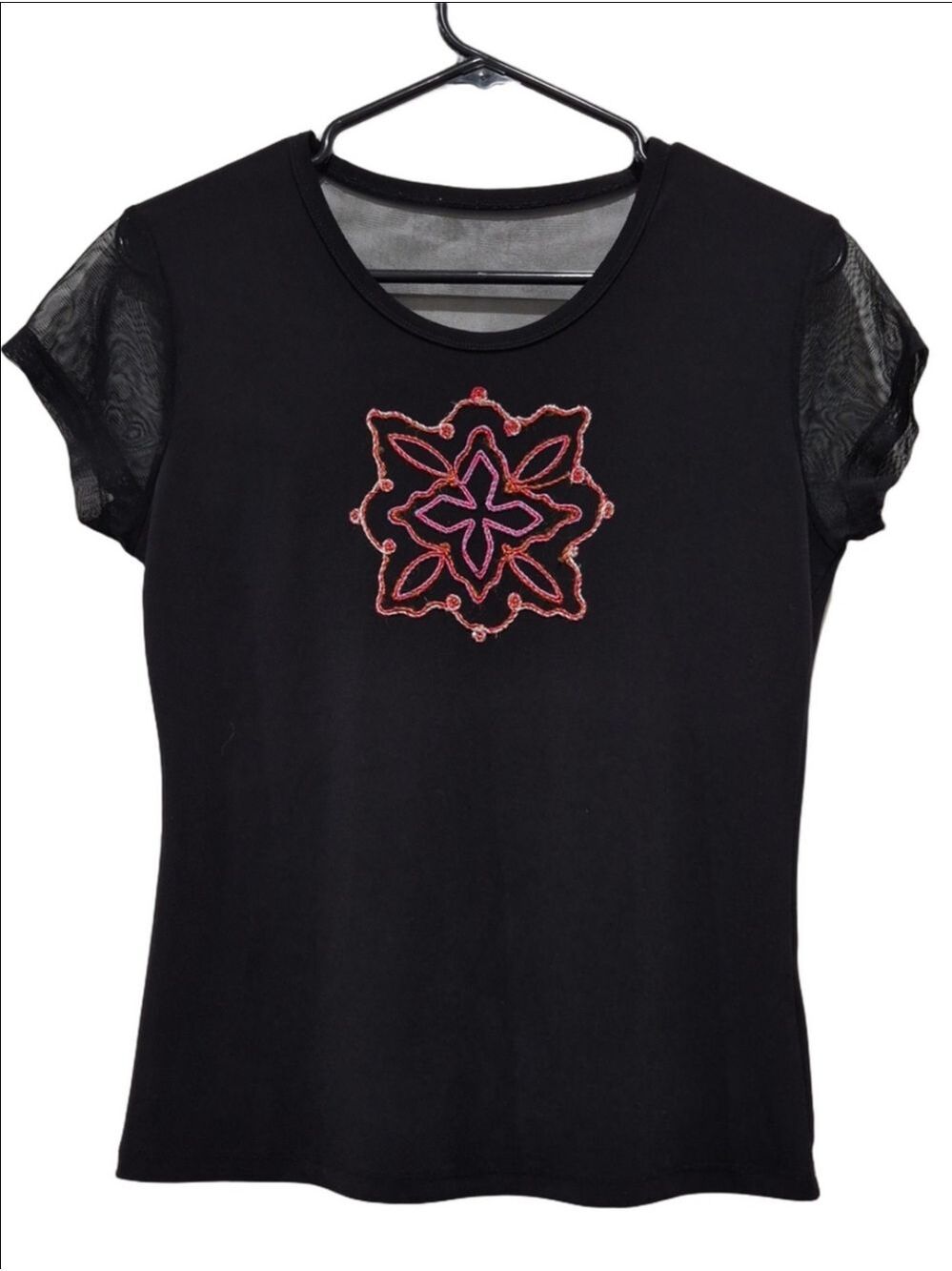 Black Mesh Cap Sleeve Embroidered Beaded Medallion Top Sz L, Fits M